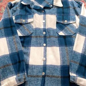 Blue and White Plaid Button-Up Jacket